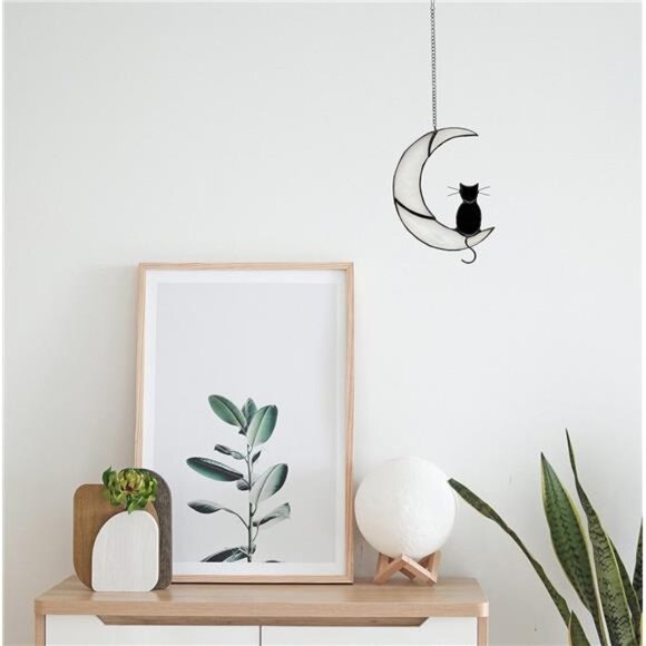 Black Cat Decor On White Moon Stained Glass Window Hanging - Picture 6 of 8